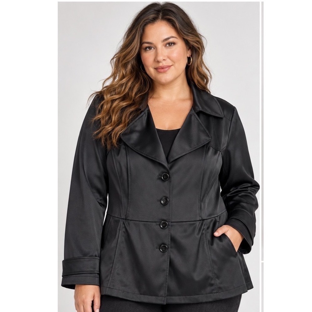 Lane Bryant Satin Trench Coat Women 24 Black Jacket Professional Goth Chic